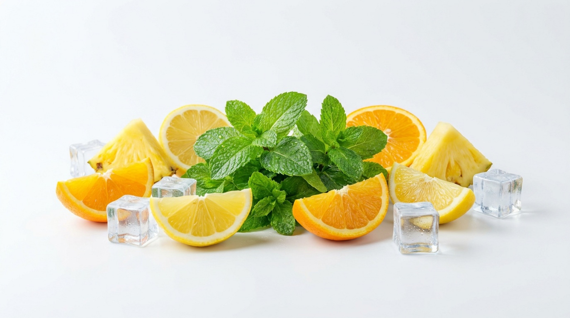 Fresh mint leaves surrounded by orange, lemon, pineapple, and ice cubes on a white background.