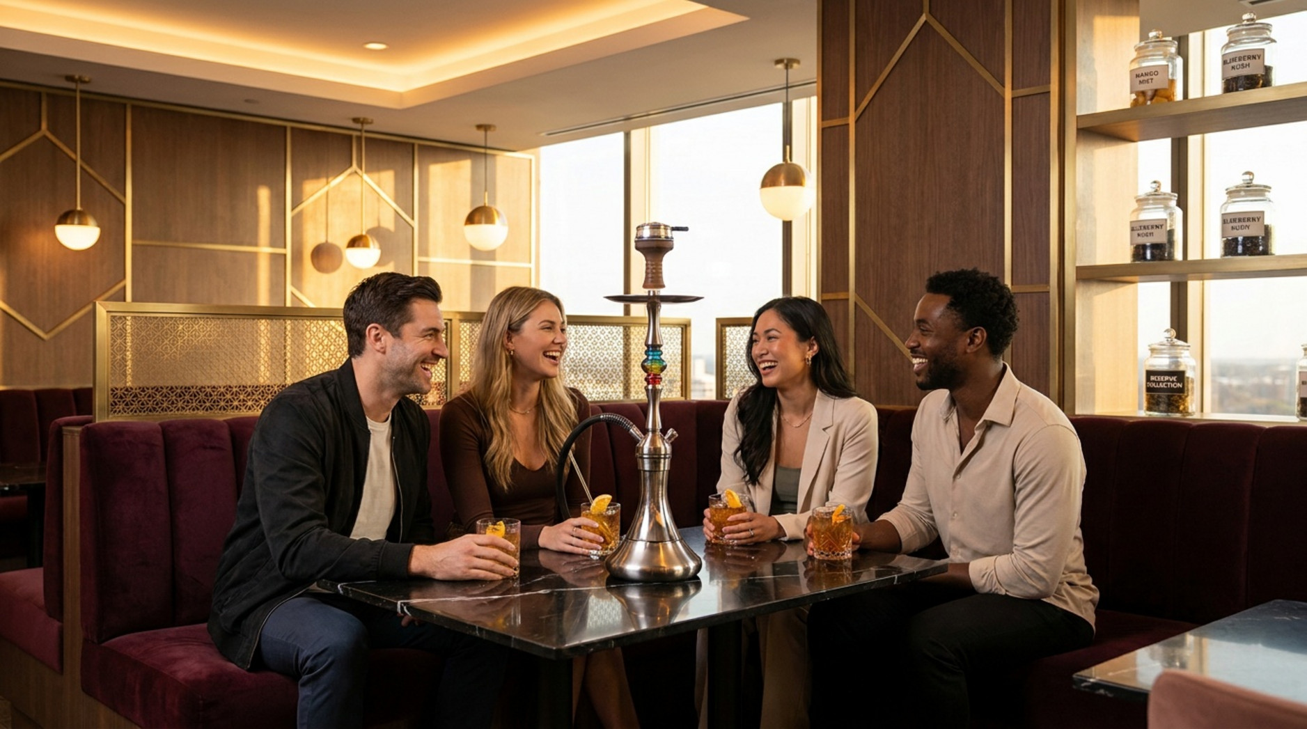 Four friends sitting around a table with a hookah and drinks in a modern lounge.