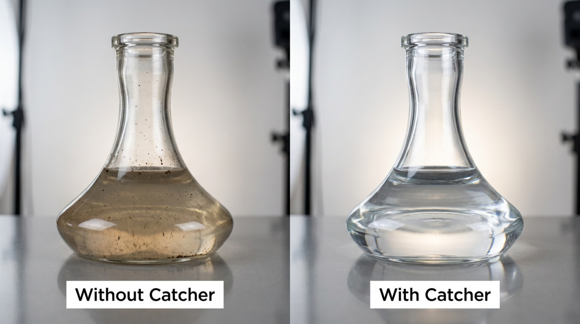 Side-by-side comparison of a hookah base with dirty water without a catcher and clear water with a catcher.