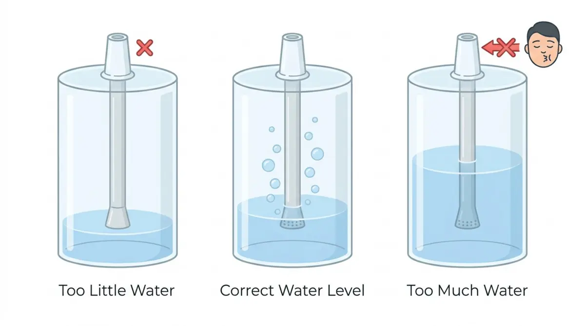 Illustration comparing too little, correct, and too much water in a hookah base.
