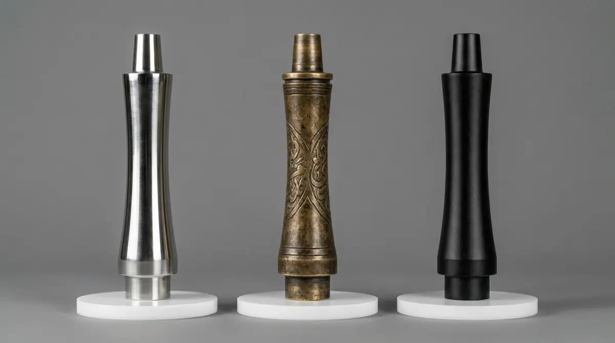 Three hookah mouthpieces in silver, antique bronze, and matte black finishes displayed side by side.