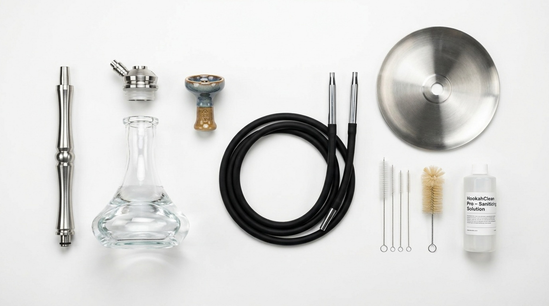 Disassembled hookah components arranged with a glass base, hose, bowl, tray, cleaning brushes, and sanitizing solution.