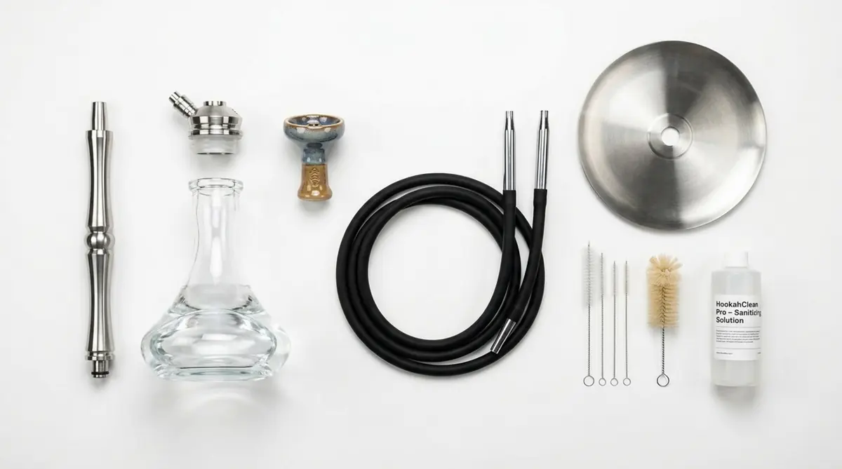 Disassembled hookah components arranged with a glass base, hose, bowl, tray, cleaning brushes, and sanitizing solution.