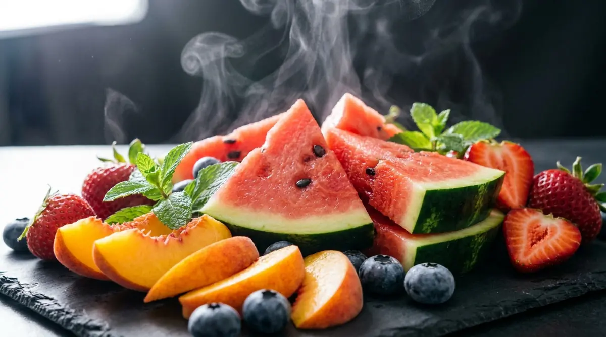 Fresh watermelon, strawberries, peaches and blueberries arranged with mint leaves on a dark surface.