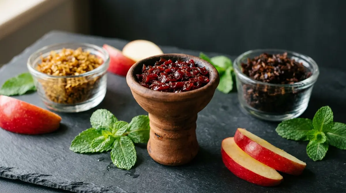 Hookah tobacco in a clay bowl surrounded by apple slices, mint leaves and different tobacco blends.