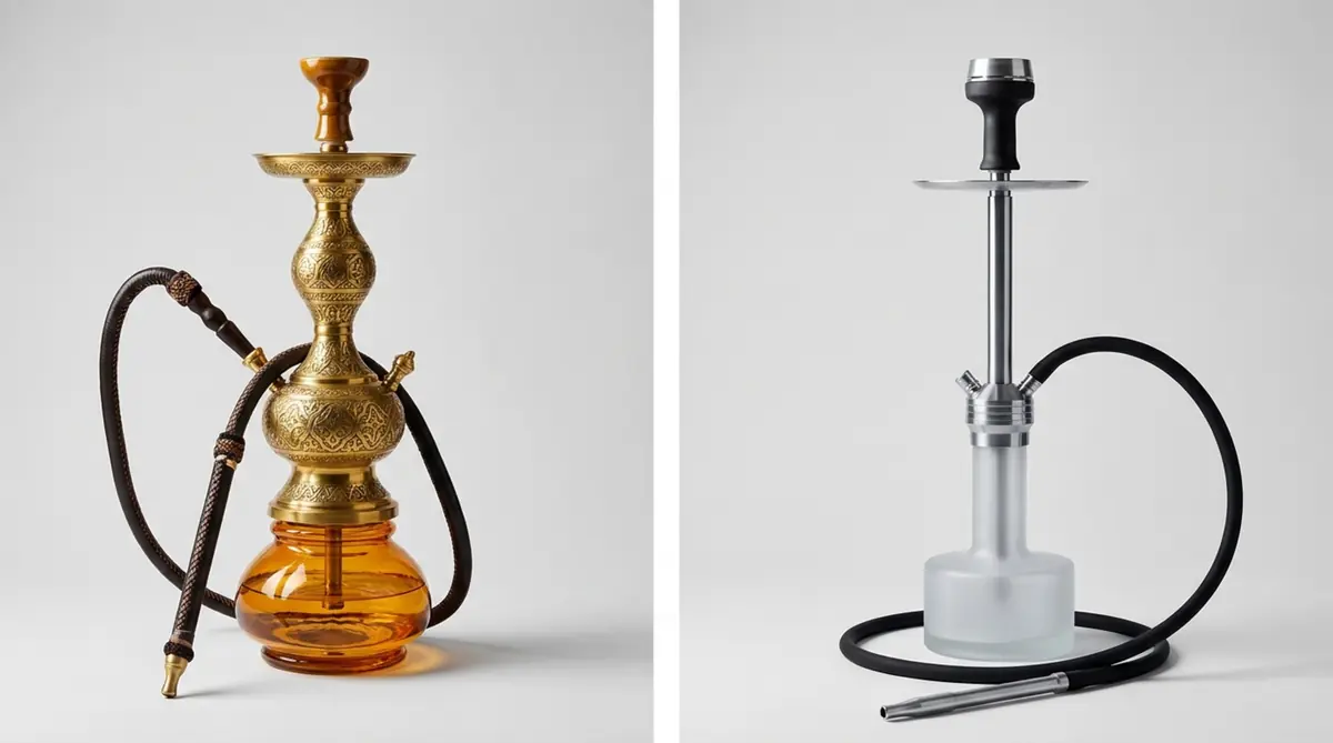 Traditional ornate brass hookah beside a modern minimalist metal hookah on a neutral background.